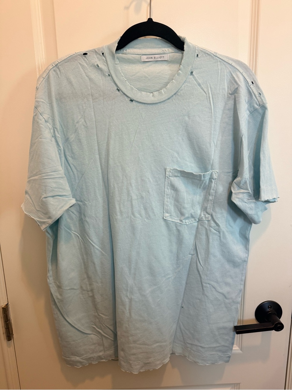 John Elliott Men's Light Blue Distressed Pocket T-Shirt